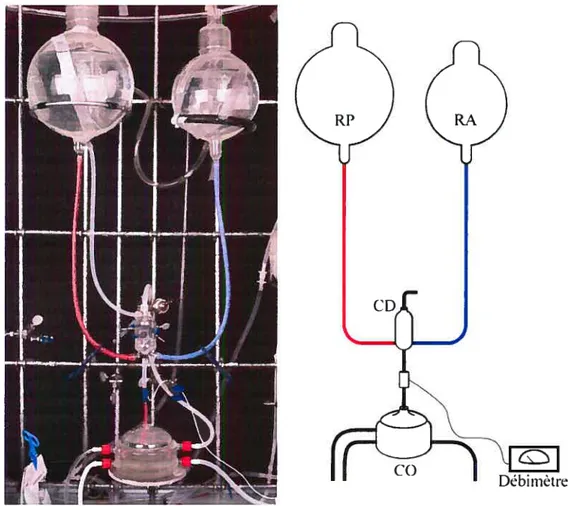 Figure 2. Montage expérimental et shéma. RP, réservoir principal, RA, réservoir