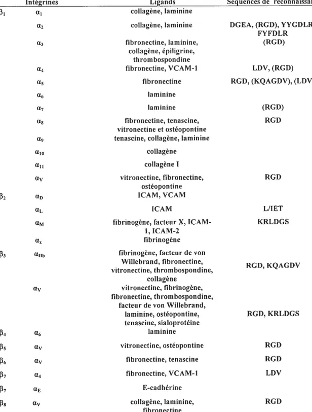 Tableau I: Les ligands des intégrines et leurs séquences de reconnaissance
