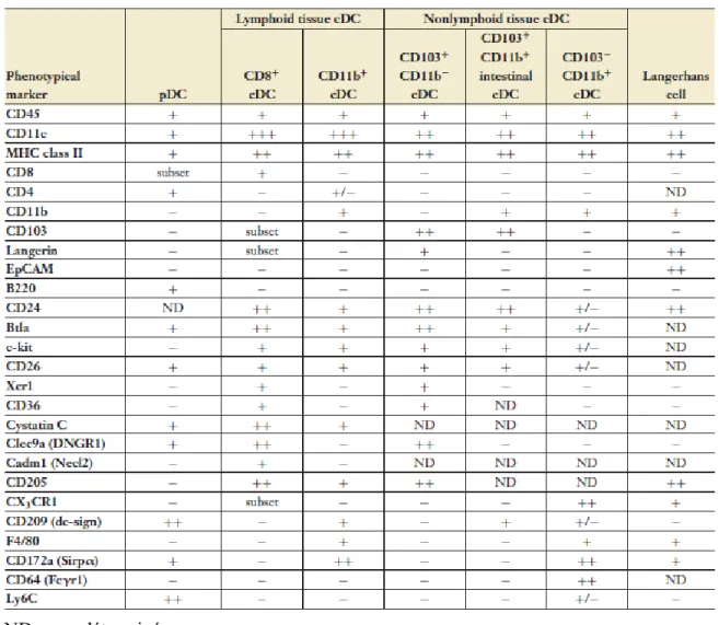 Tableau I : Phénotype des cellules dendritiques des organes lymphoïdes et non-lymphoïdes  chez la souris