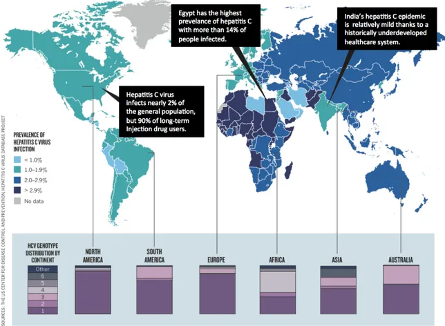 Figure 6: Prevalence of HCV and genotype distribution worldwide. 