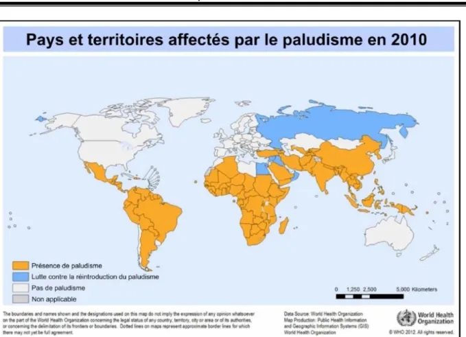 Figure 1: La répartition mondiale du paludisme en 2010 selon l’OMS [29] 