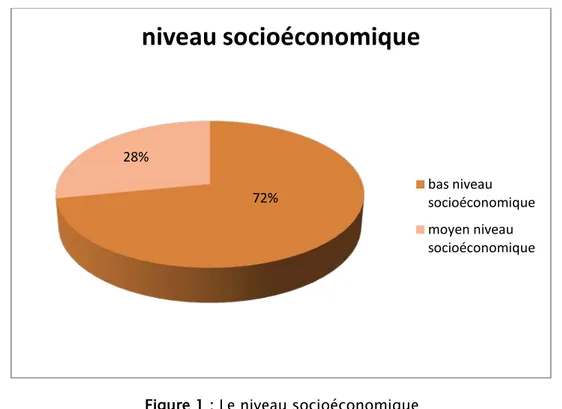 Figure 1 : Le niveau socioéconomique 72% 28%  niveau socioéconomique  bas niveau  socioéconomique moyen niveau socioéconomique 