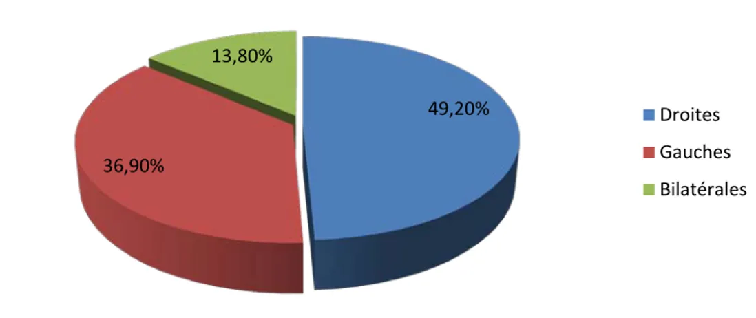 Figure 16 : Diagrammes montrant le siège des différentes hernies inguinales. 93,60% 6,40% sexe masculain sexe féminin 49,20% 36,90% 13,80% Droites Gauches Bilatérales 