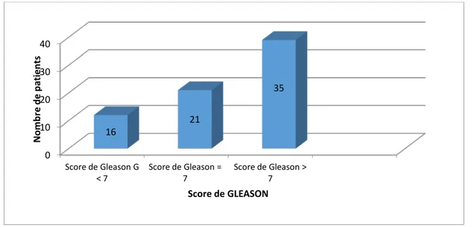 Figure 13 :  Score du Gleason dans notre série 25% 60% 13,8% 1,20%  Peu différencié  Moyennement différencié  Bien différencié  Indifférencié  0 10 20 30 40 Score de Gleason G 