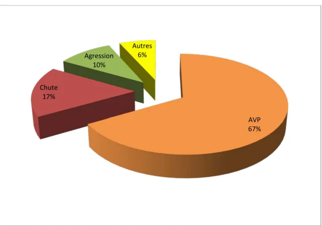 Figure 3 : Répartition selon les circonstances du traumatisme AVP 67% Chute 17% Agression 10% Autres 6% 