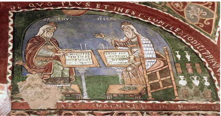 Figure 19 : Peinture murale représentant Galien et Hippocrate. XII e  siècle, Italie. 
