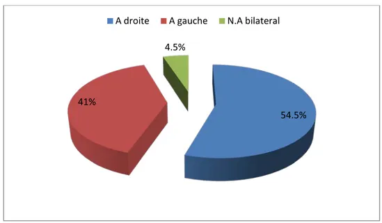 Figure 2 : La répartition du neurinome de l’acoustique selon le côté 41% 59% Masculin Féminin 54.5% 41% 4.5% 
