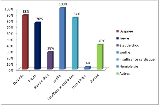 Figure 14 : Diagramme de synthèse des différents signes cliniques 0% 10% 20% 30% 40% 50% 60% 70% 80% 90% 100% 88% 76% 28% 100% 84% 4% 40% Dyspnée Fièvre état de choc souffle  insuffisance cardiaque Hemipleigie Autres 