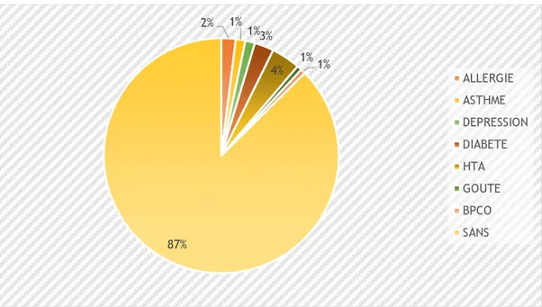 Figure 1- Les antécédents pathologiques dans l'échantillon 2%  1% 1% 3% 4% 1% 1% 87%  ALLERGIE ASTHME  DEPRESSION DIABETE HTA GOUTE BPCO SANS 