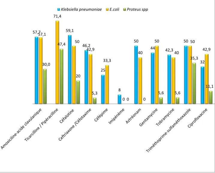 Figure 23: Taux de résistances des différents entérobactéries aux différents antibiotiques 