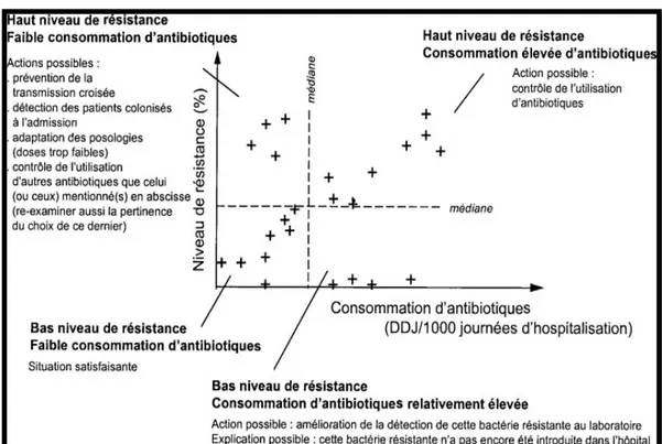 Figure 3: Modalités d’interprétation de la confrontation entre résistance bactérienne                    et consommation d’antibiotiques