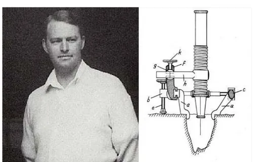 Figure 21 : Carl-Olof Nylen le père de la microchirurgie en 1921, à l'Université de Stockholm et  son premier microscope chirurgical