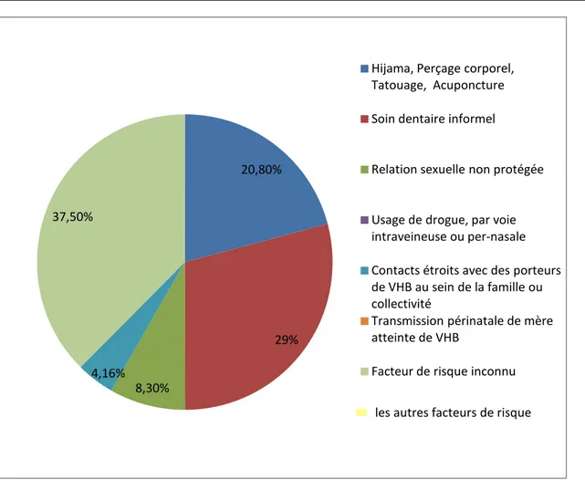 Figure 4 : Répartition des Facteurs de risque de l'infection par le VHB 20,80% 29% 8,30% 4,16% 37,50% 