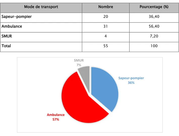 Tableau VI : Répartition des patients selon le mode de transport. 