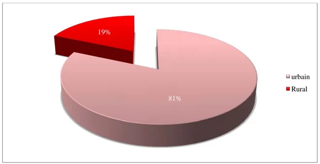 Figure 4 : Répartition de la population selon le milieu de vie 44% 56%  Hommes Femmes 81% 19% urbain Rural 