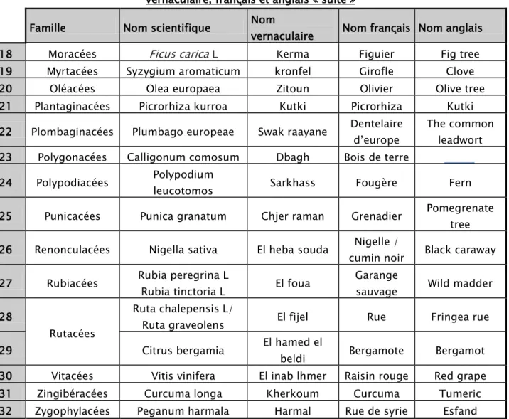 Tableau II: Classement des plantes médicinales selon leurs familles, leurs noms scientifique,  vernaculaire, français et anglais « suite » 