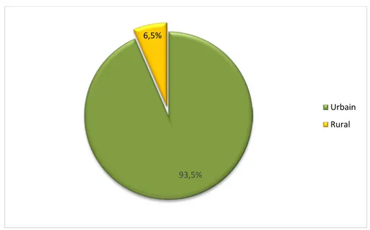 Figure 5: Répartition des patients du groupe « A »  selon le milieu. 53% 47%  Féminin  Masculin 93,5% 6,5% Urbain Rural 