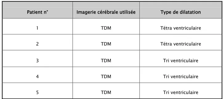 Tableau IV : Imagerie cérébrale réalisée par patient. 