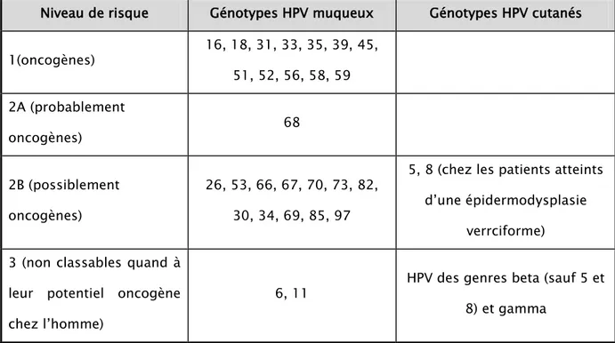Tableau I: Classification des HPV selon l’IARC, dernière mise à jour 7 avril 2015.  Niveau de risque  Génotypes HPV muqueux  Génotypes HPV cutanés  1(oncogènes)  16, 18, 31, 33, 35, 39, 45,  51, 52, 56, 58, 59  2A (probablement  oncogènes)  68  2B (possiblement  oncogènes)  26, 53, 66, 67, 70, 73, 82, 30, 34, 69, 85, 97 