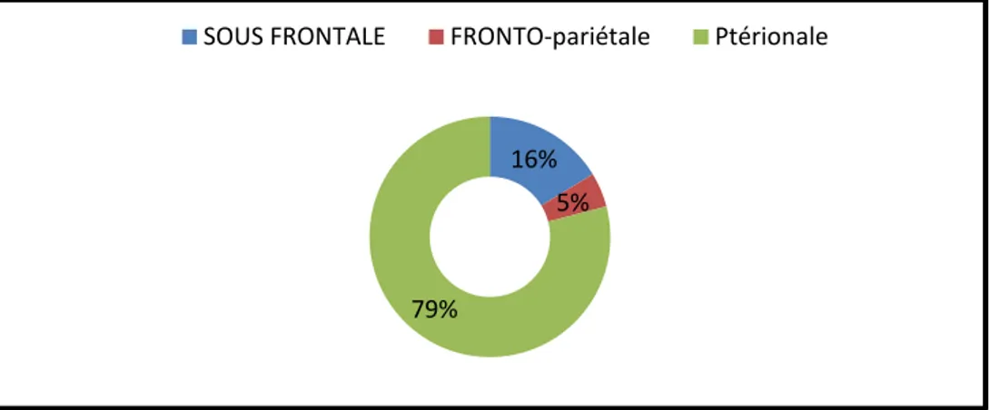 Figure 32 :Les voies d’abords chirurgicales utilisées dans notre série 48 heuresJ3 à J7J8 à J14Au-delà de J147%49%26%19%16%5%79%