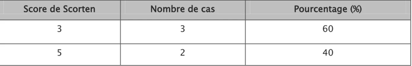 Tableau XIX  : Score de Scorten à l’admission selon les patients : 