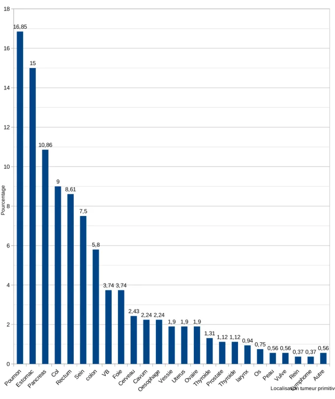 Figure 10: Répartition en fonction de la localisation de la tumeur primitive en pourcentage