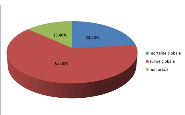 Figure 18 :Survie-mortalité en % 23,60%63,00%13,40% mortalité globalesurvie globalenon précis