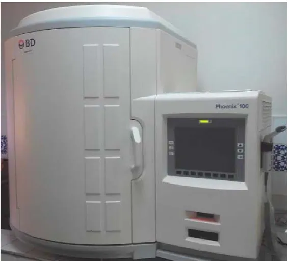 Figure 1 : Le Phœnix® 100 de Becton Dikinson est l’automate   d’analyse utilisé en routine au laboratoire de l’HMA 