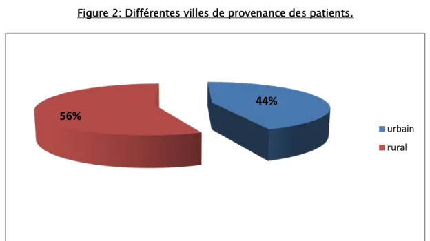 Figure 3 : Origine des patients.  40%13%12%8%7%5%3%3%2% 2% 1% 1%1%1% MarrakechSafi Kelaa SraghnaAgadirBeni MellalBenguerirYoussoufiaEssaouiraTataTaroudantFesDakhlaRabatSidi Banour44%56%urbainrural