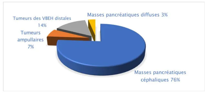 Figure 1 : Graphique sectoriel illustrant la fré quence des tumeurs pancréatiquescé phaliques  parmi les tumeurs du carrefour bilio-pancré atique