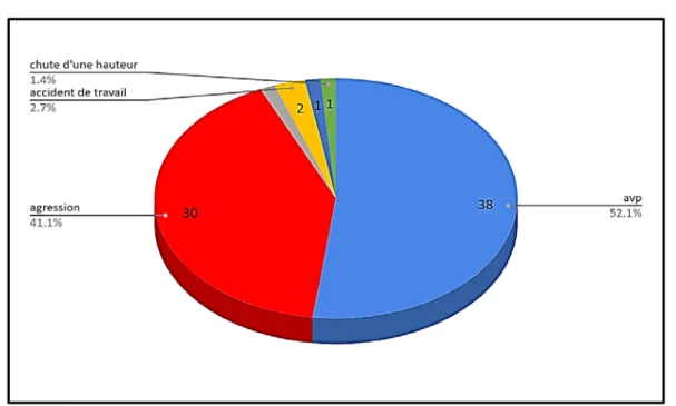 Figure 6 : Circonstances des traumatismes abdominaux en nombre et en pourcentage 