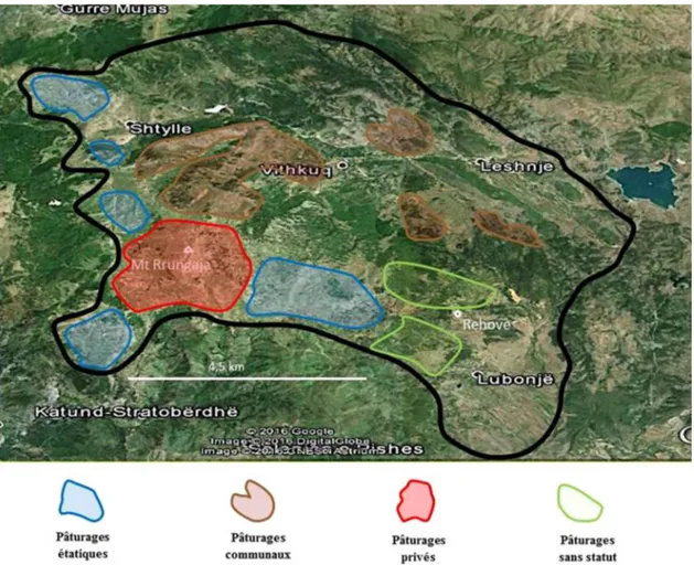 Fig. 1. Zone d ’étude (5 villages) et identiﬁcation territoriale des différents types de gouvernance des pâturages.