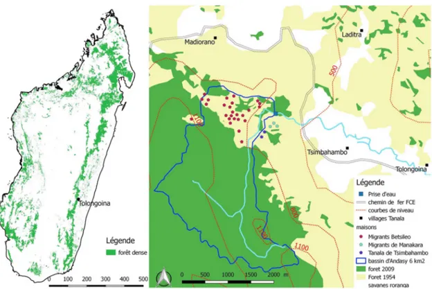 Fig. 1. Evolution de la couverture forestière du bassin versant d’Andasy Tolongoina (source : auteurs et Toillier, 2009 )