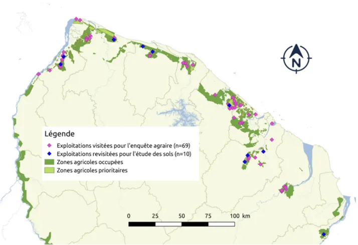 Fig. 1. Situation géographique des exploitations étudiées et des sites où les stocks de carbone des sols ont été prélevés en milieu agricole