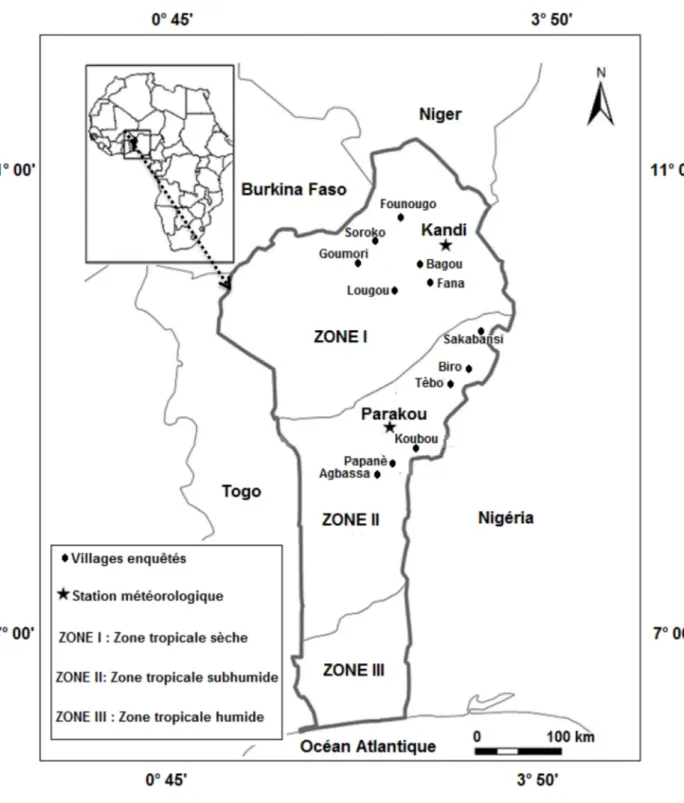 Fig. 1. Localisation des villages et des stations météorologiques étudiés au Bénin. Fig