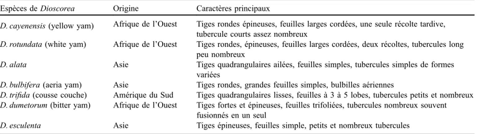 Tableau 1. Origines et caractéristiques de quelques espèces d’igname. Table 1. Origin and carateristics of some yam species.