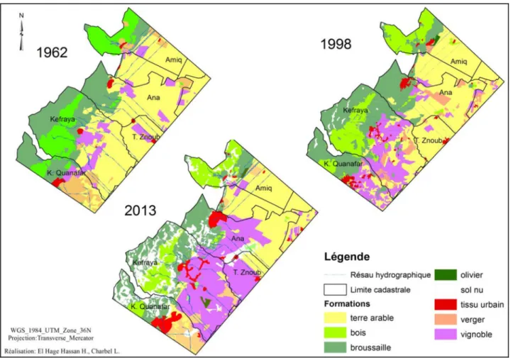 Fig. 2. Mode d’occupation du sol en 1962, 1998 et 2013. Fig. 2. Land use in 1962, 1998 and 2013.