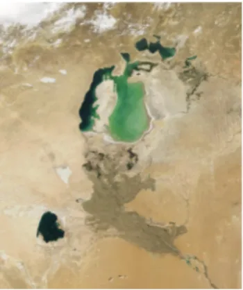 Fig. 8. La Mer d’Aral, et la menace de disparition dans les sables du bas pays de l ’Asie centrale.
