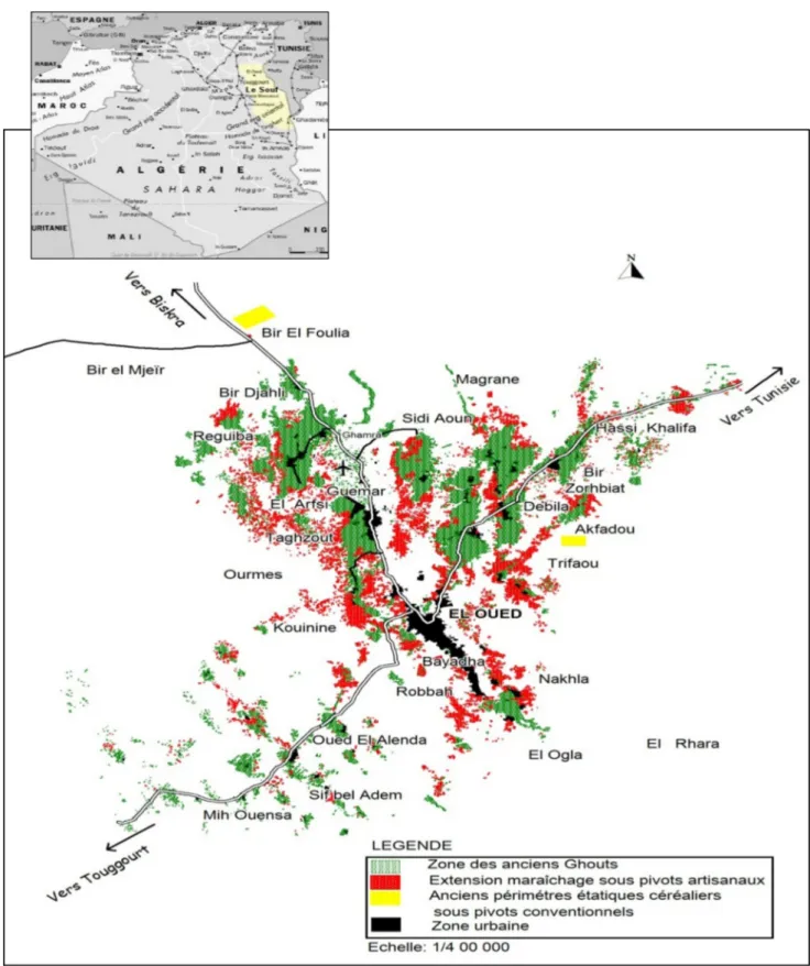 Fig. 1. Présentation de la vallée d'Oued Souf : localisation et occupation du sol (adapté à partir de la carte d'occupation des sols INSID, 2011 )