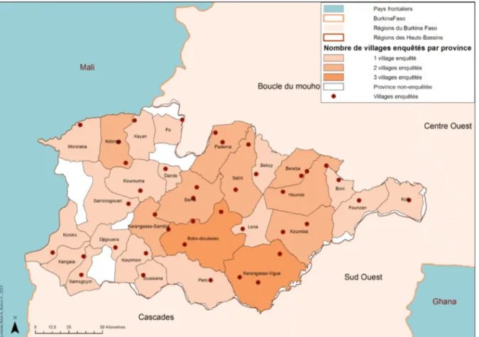 Fig. 1. Situation des villages étudiés dans les communes des Hauts-Bassins. Fig. 1. Location of surveyed villages in the municipalities of the Hauts-Bassins.