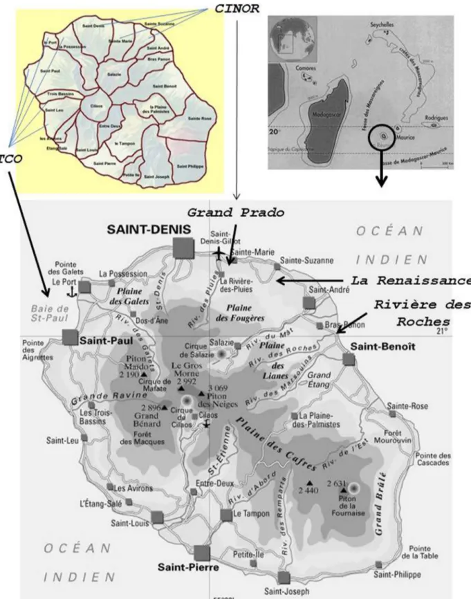 Fig. 1. Situation de la Réunion, département français d’outre-mer dans l’océan Indien, et positionnement des cas d’étude : Rivière des Roches (commune de Bras Panon), communautés de communes CINOR (communauté intercommunale du Nord) et TCO (territoire de la côte ouest) ainsi que la localité de La Renaissance ayant fait l ’objet d’une étude ethnographique approfondie.