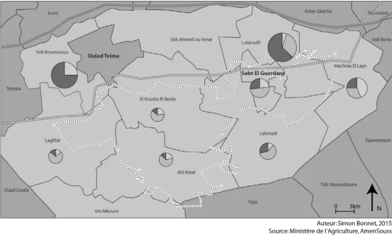 Fig. 2. Plantations d’agrumes intégrées et non intégrées au projet d’El Guerdane (la plaine des Chtouka et le secteur des Ouled Berhil constituent deux zones agricoles extérieures au projet).