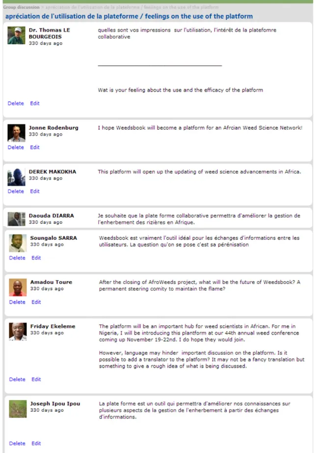 Fig. 3. Excerpt of the online discussion on the collaborative platform Weedsbook, on the subject ‘feelings on the use of the platform’