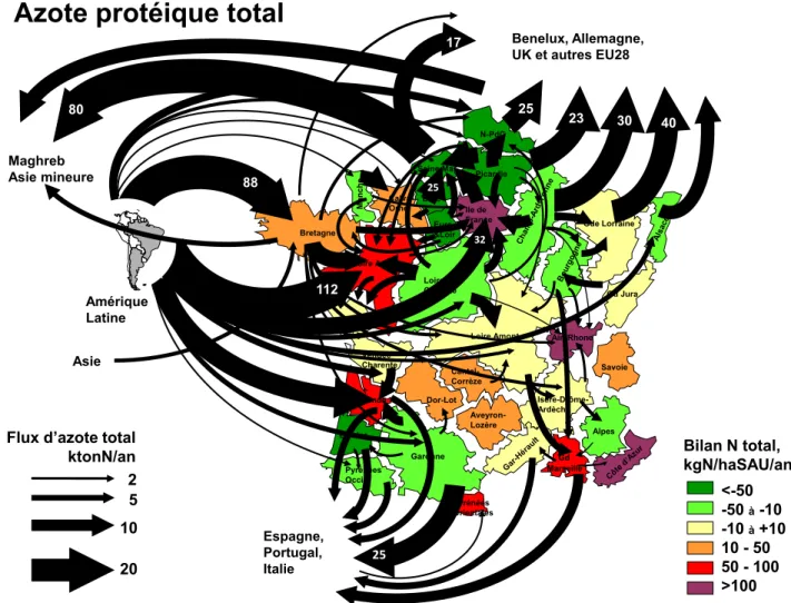 Fig. 8. Principaux ﬂux nets d’azote total contenu dans les denrées agricoles entre territoires agricoles