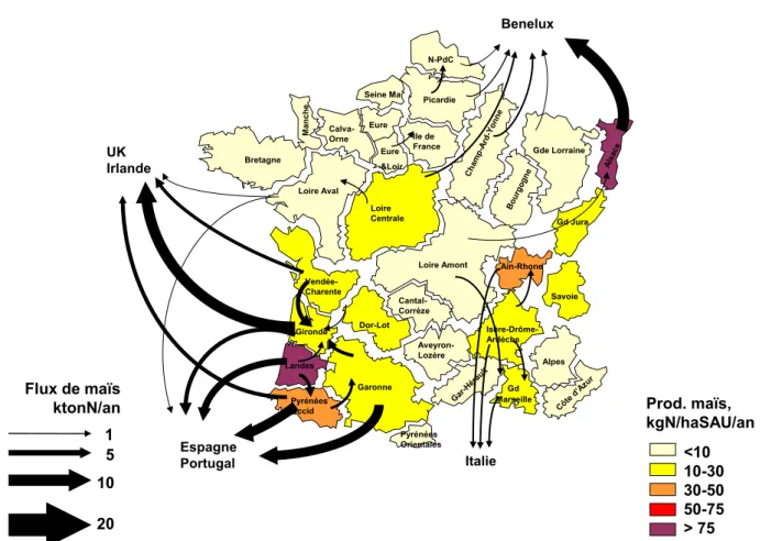 Fig. 3. Principaux ﬂux nets de maïs échangés entre territoires agricoles. L’épaisseur des ﬂèches est proportionnelle à l’importance du ﬂux