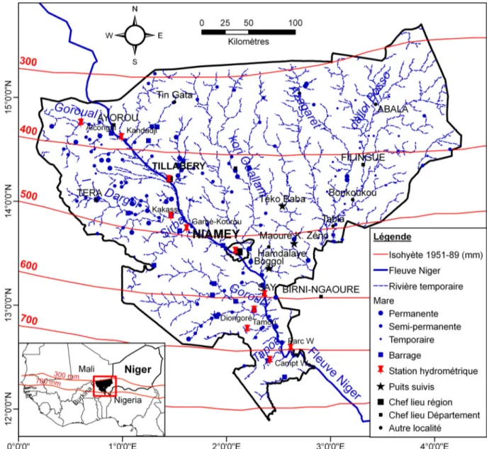Fig. 1. Réseau hydrographique et isohyètes 1951-1989 du SO du Niger, région de Tillabéry