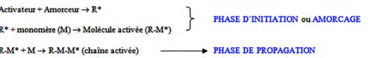 Figure 8 : Représentation schématique de la polymérisation en chaîne  mécanisme de polymérisation radicalaire  