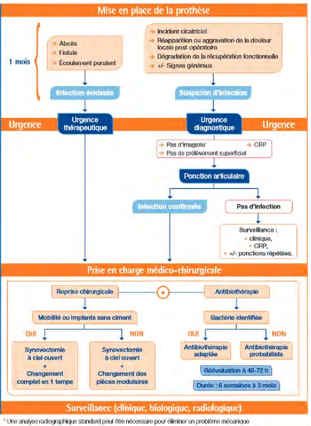 Figure 3 : prothèse de hanche ou de genou, diagnostic et prise en charge de l’infection dans le mois suivant  l’implantation