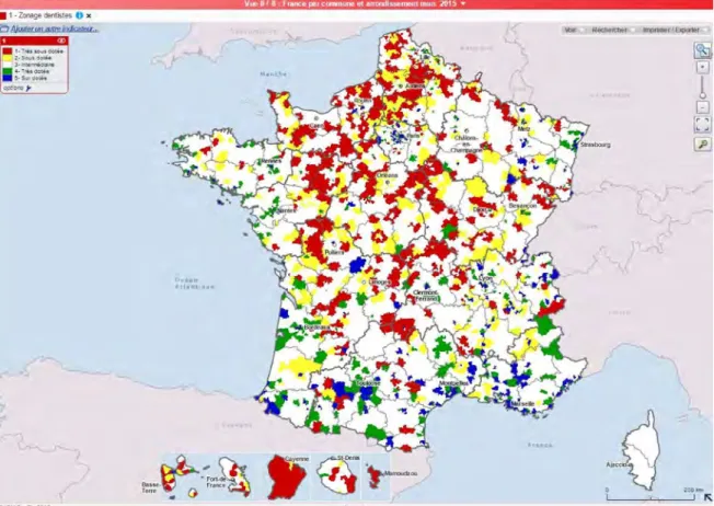 Figure 5: Cartographie du zonage conventionnel des chirurgiens-dentistes (données de 2015) (10) 