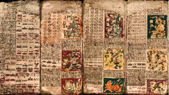 Figure 10 : Extrait du codex Dresde, l'un des seuls documents manuscrits mayas ayant  survécu aux autodafés espagnols et aux aléas du temps – Ici sont représentés les  différentes cérémonies religieuses et rituels en fonction du calendrier – Nous pouvons a